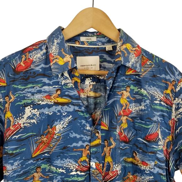 paperdenim&cloth NWT Men's Hawaiian Surfer Print Short Sleeve Button Up Medium - Picture 4 of 8